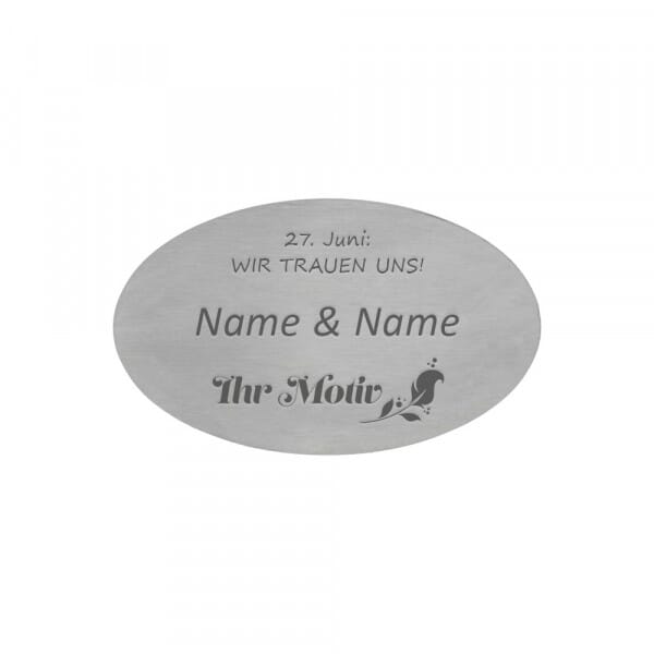Hochzeitsschild aus Edelstahl oval (100 x 60 mm)