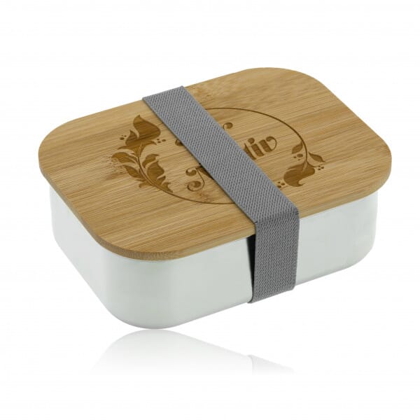 Lunchbox aus Edelstahl mit Bambusdeckel und Verschluss &amp; inkl. individueller Gravur