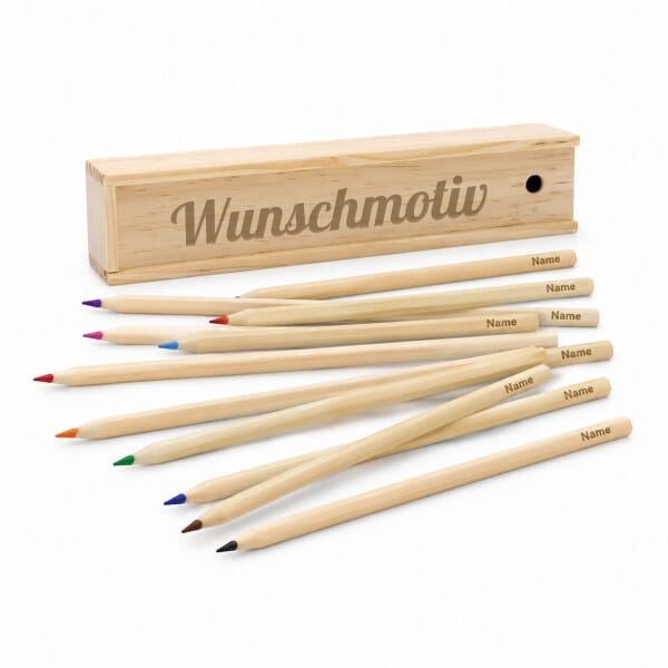Holzbox mit 12 Buntstiften – Personalisierbar &amp; nachhaltig