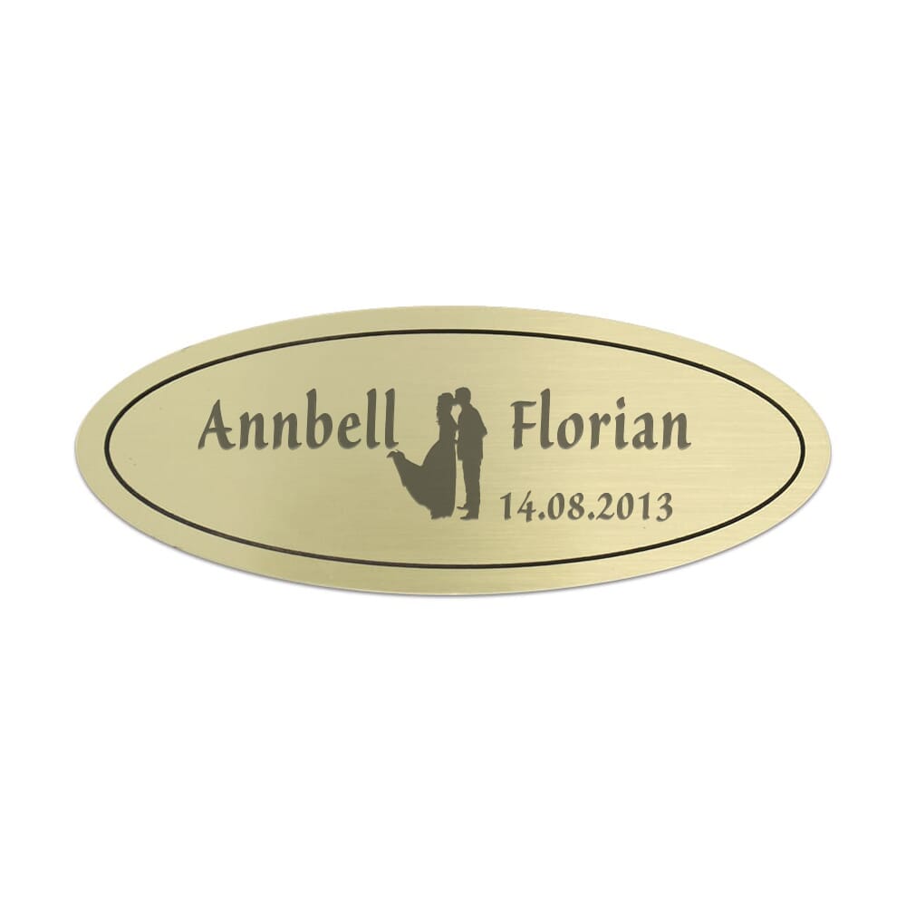 Hochzeitsschild aus Messing oval (115x45 mm 5 Zeilen) gravurfabrik.de