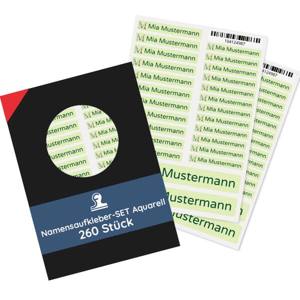 Namensaufkleber "Aquarell" mit Buchstabe oder Motiv &amp; Individualisierung (Set mit 260 Aufklebern)