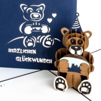 Colognecards Pop-Up Karte Teddybär mit Torte blau