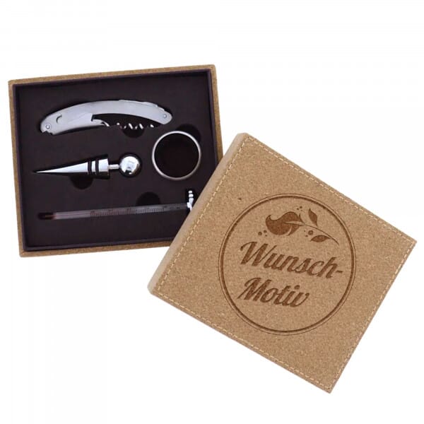 Lasergravierte Korkbox mit 4-teiligem Weinset