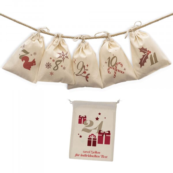 Adventskalender mit 24 Säckchen zum Befüllen &amp; Personalisieren (mit Kordel)
