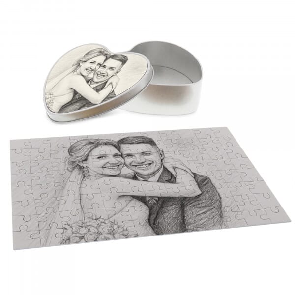 Puzzle mit Bleistiftzeichnung und Individualisierung (inkl. Herzdose – 96 Teile)
