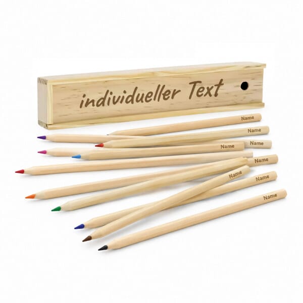 Holzbox mit 12 Buntstiften – Personalisierbar &amp; nachhaltig