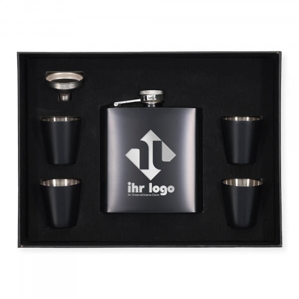 Flachmann-Set mit 4 Bechern, Trichter &amp; Geschenkbox – 170 ml