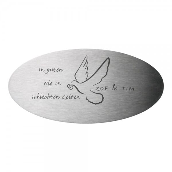 Hochzeitsschild aus Edelstahl oval (Gravurmaß 85x40 mm - 6 Zeilen)