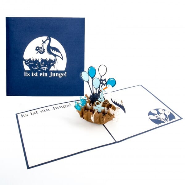 Colognecards Pop-Up Karte Klapperstorch blau
