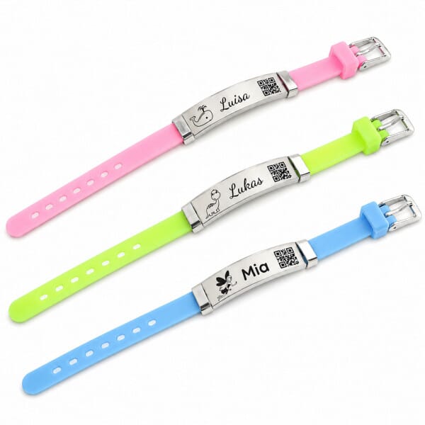 SOS Armband Kinder - Kinderarmband aus Silikon und Edelstahl mit Gravur in 3 Farben